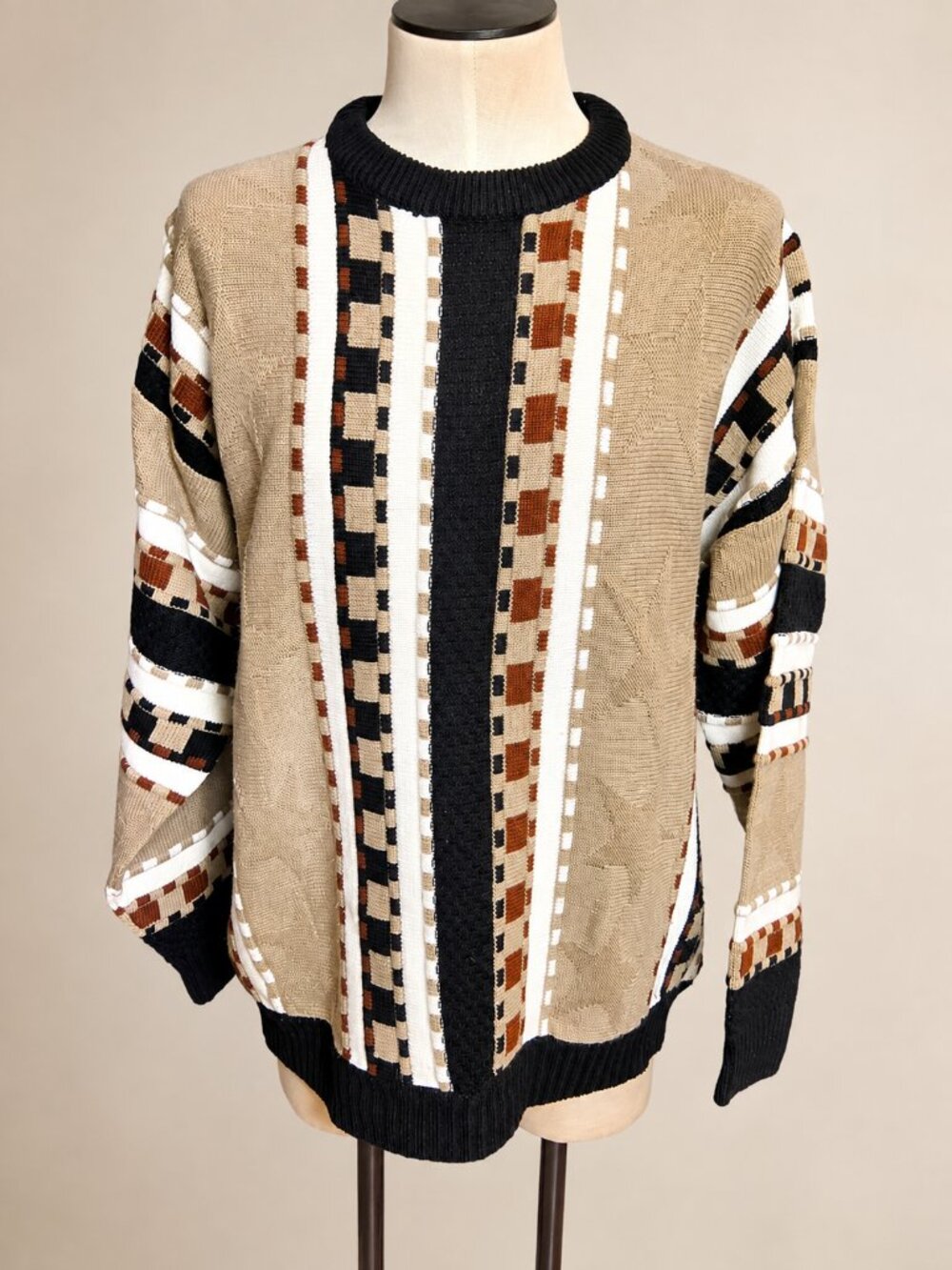 Bachrach Men’s XL Geometric Knit Sweater | Beige Black Brown Wool Blend